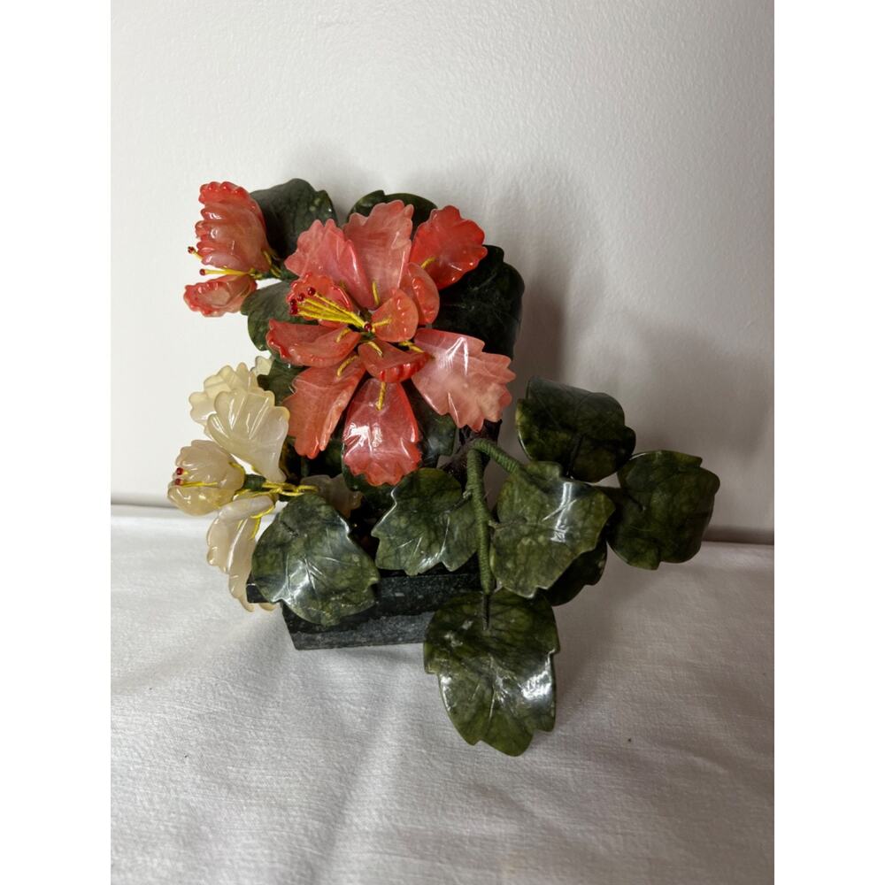 Vintage Jade Tree Bonsai Tree Carved Agate Peony Flowers High Blossom